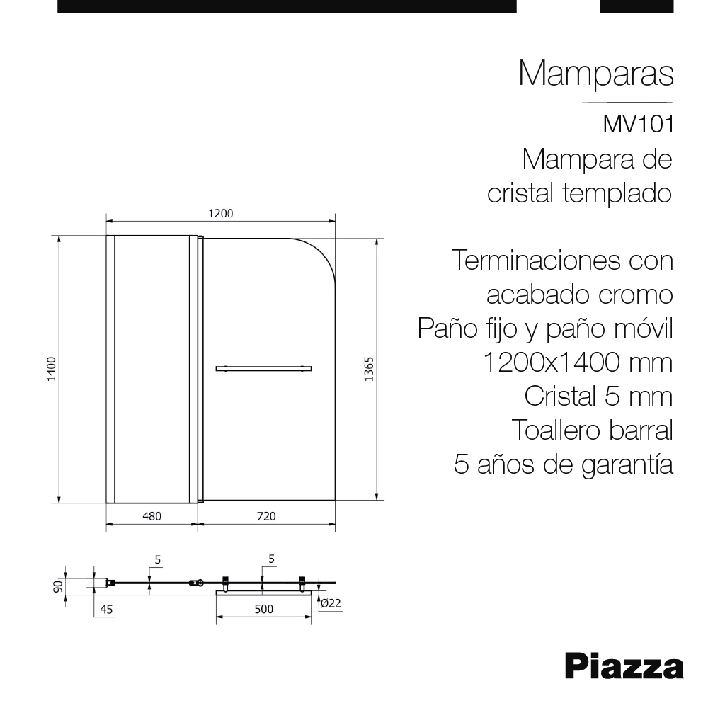 MAMPARA DE CRISTAL TEMPLADO 1200MM x 1400MM ESPESOR:5mm. REB PIAZZA [MV101]