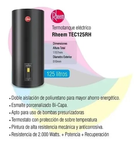 TERMOTANQUE ELECTRICO RHEEM 125lts - DE COLGAR - CONEXION INFERIOR - [TEC125RH]