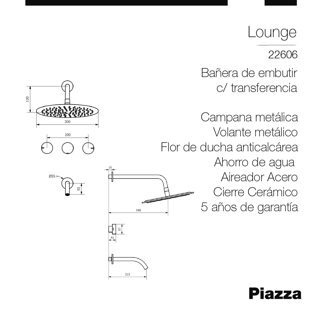 GRIFERIA DUCHA EMBUTIR PIAZZA - LOFT CON TRANFERENCIA - CIERRE CERAMICO - 5 AÑOS DE GARANTIA