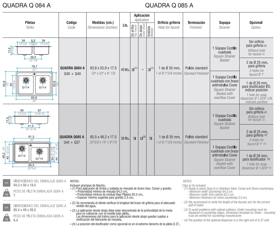 PILETA DOBLE QUADRA Q084 A - ACERO 304 - JOHNSON [Q 084 A]