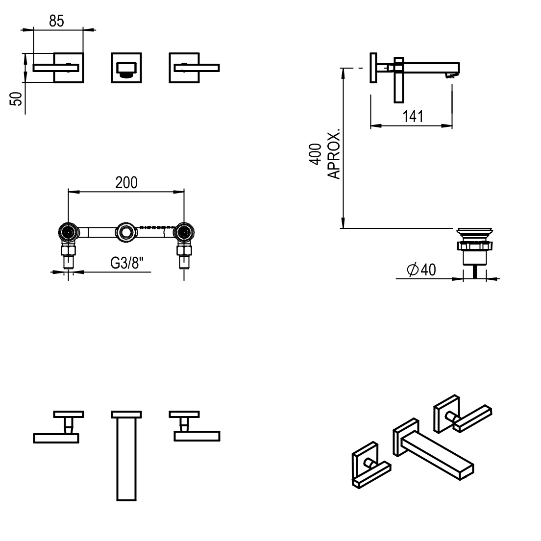 GRIFERIA LAVATORIO PARED BLOCK LEVER HIDROMET - BLACK - 10 AÑOS DE GARANTIA