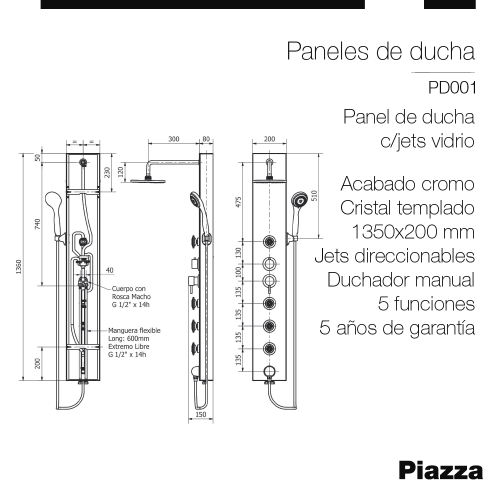 PANEL DUCHA CON JETS DIRECCIONABLES PIAZZA - 135 CM - VIDRIO NEGRO - 5 AÑOS DE GARANTIA