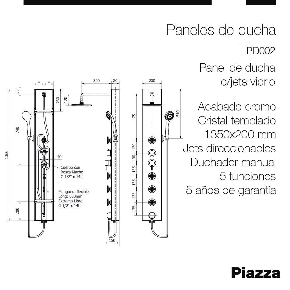 PANEL DUCHA CON JETS DIRECCIONABLES PIAZZA - 135 CM - VIDRIO ROJO - 5 AÑOS DE GARANTIA