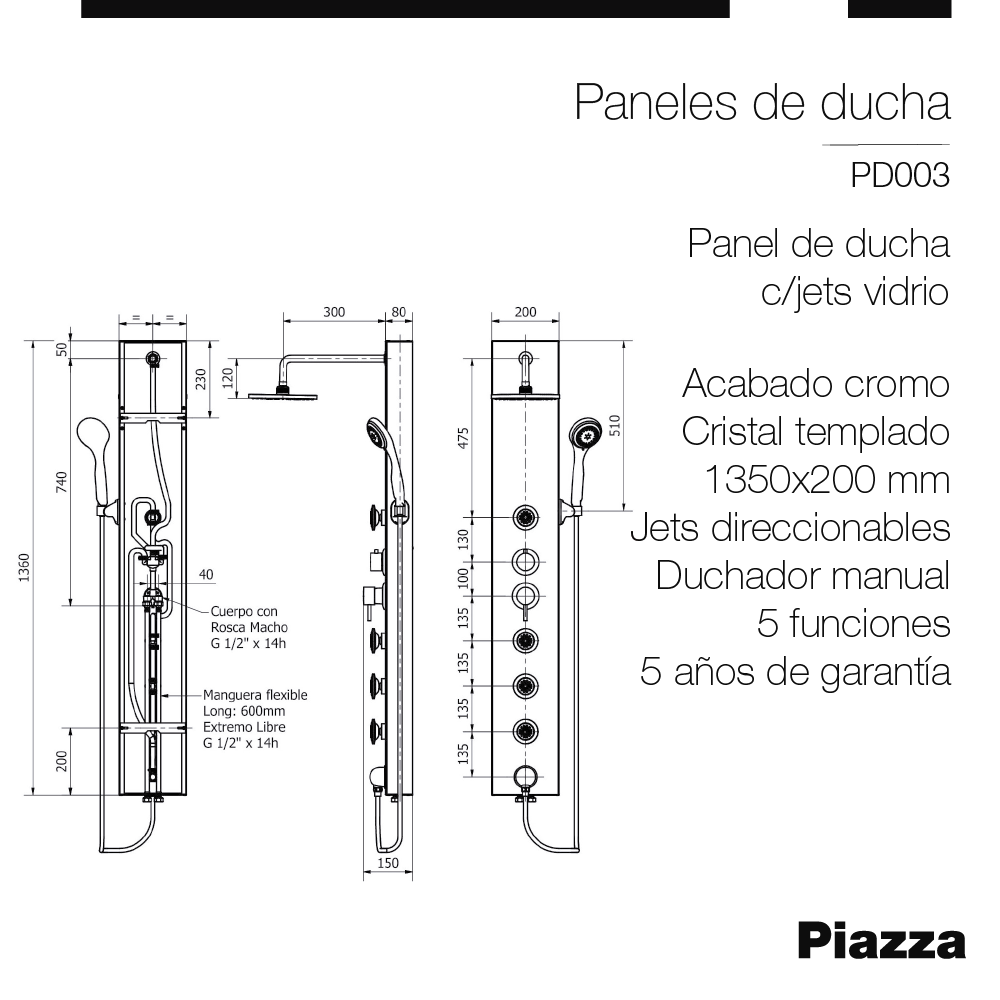 PANEL DUCHA CON JETS DIRECCIONABLES PIAZZA - 135 CM - VIDRIO AZUL - 5 AÑOS DE GARANTIA