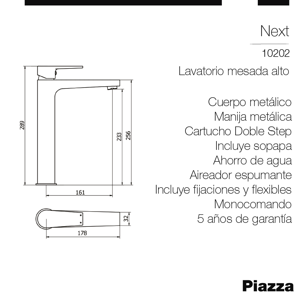 GRIFERIA LAVATORIO MONOCOMANDO MESADA ALTA PIAZZA NEXT - 5 AÑOS DE GARANTIA