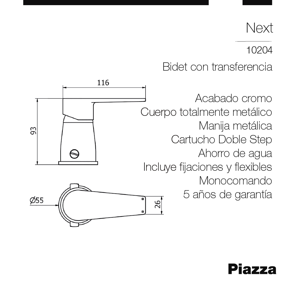 GRIFERIA BIDET CON TRANSFERENCIA PIAZZA NEXT - 5 AÑOS DE GARANTIA