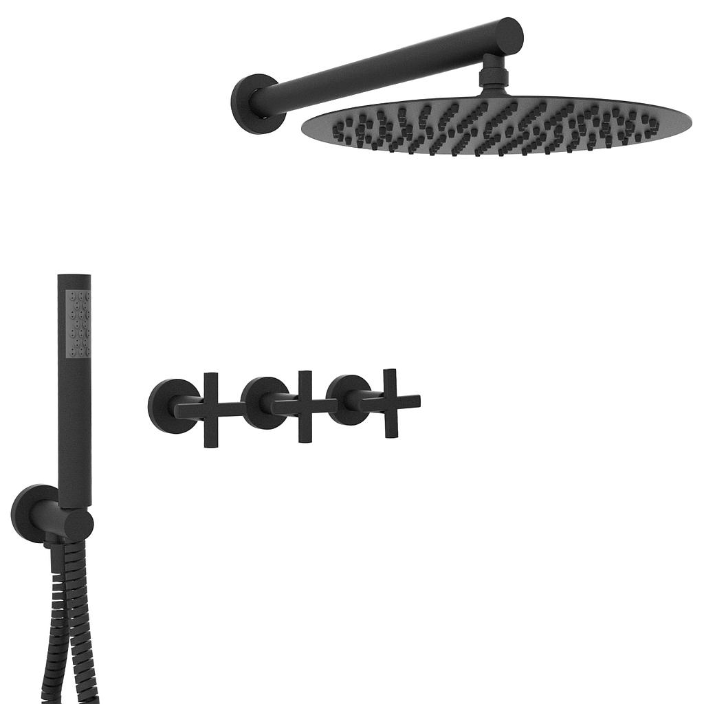 [23836] GRIFERÍA DUCHA 2 VIAS BICOMANDO CON TRANSFERENCIA Y DUCHADOR FLAT CRUZ NEGRO - HIDROMET - 10 AÑOS DE GARANTÍA [84155NEGR]