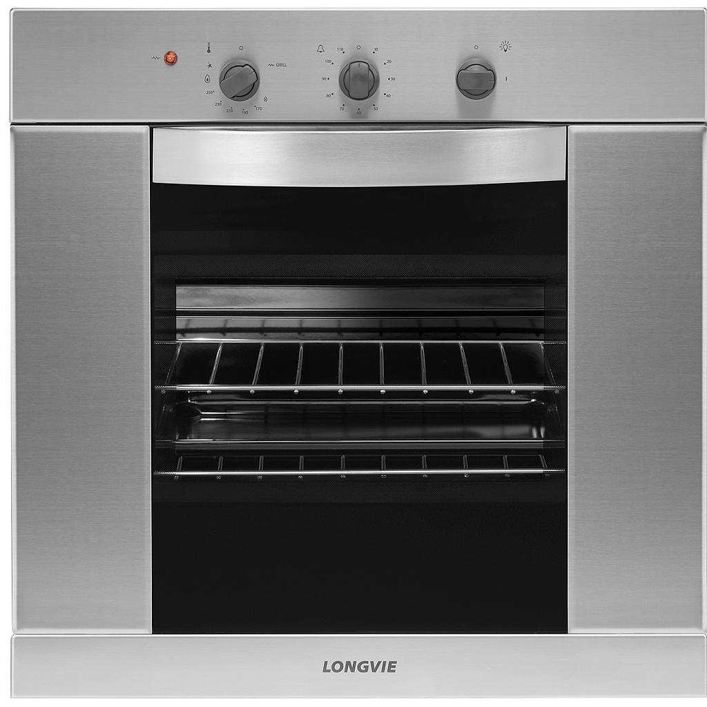 [25601] HORNO A GAS 68,5LTS - EFICIENCIA ENERGÉTICA A++ - CON GRILL, TIMER, TERMOSTATO Y ENCENDIDO ELÉCTRICO - 60X60CM - ACERO INOXIDABLE - LONGVIE [H1900XF]